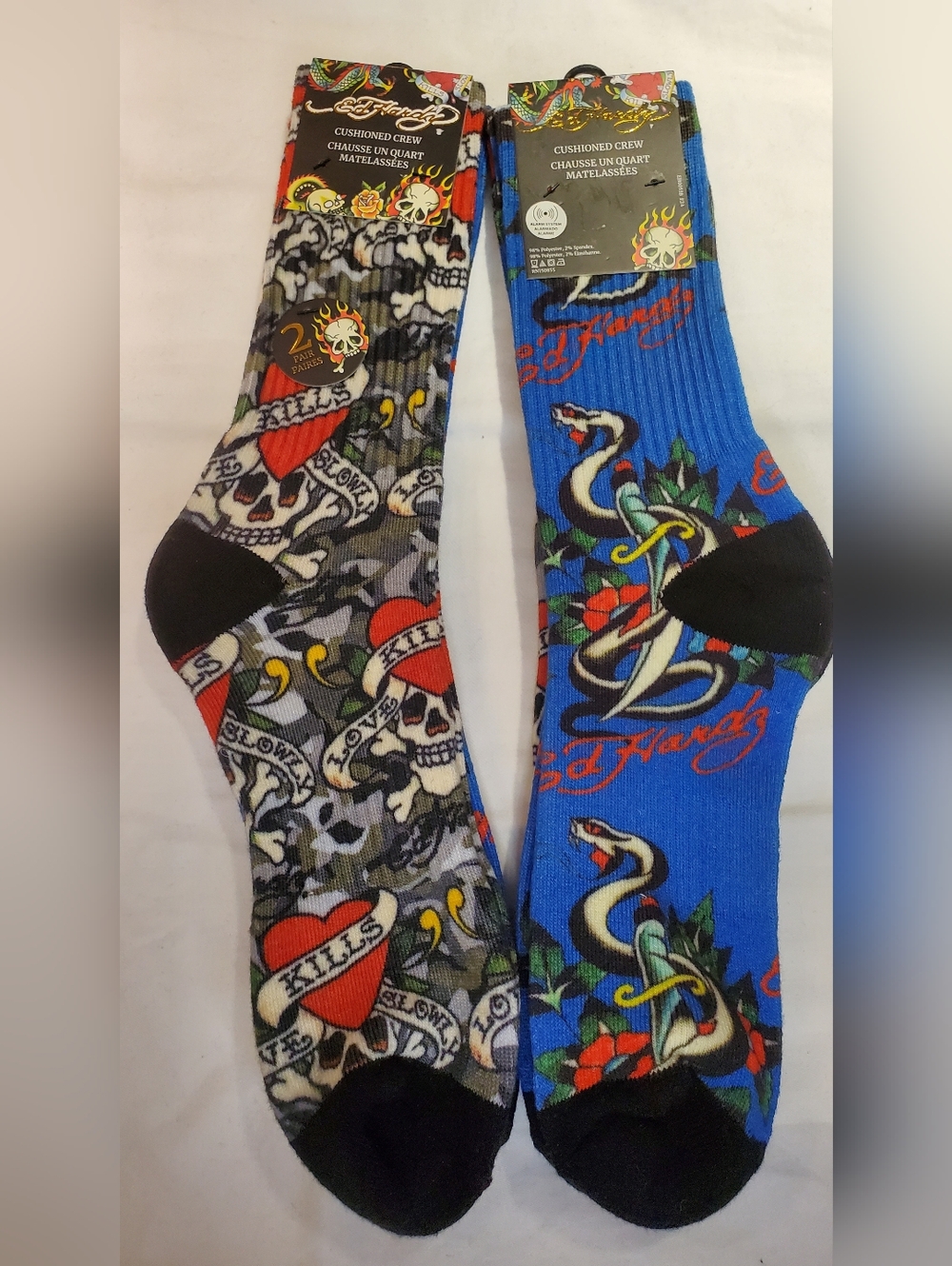 229. NEW - Ed Hardy Love Kills & Snakes Cushioned Crew Socks - 2 Pair